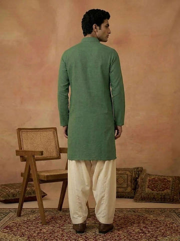 Men's Forest Green Linen-Blend Shirt-Collar Kurta