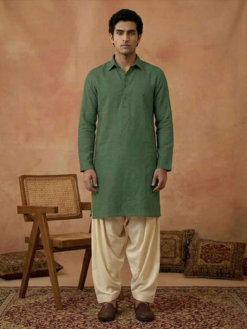 Men's Forest Green Linen-Blend Shirt-Collar Kurta