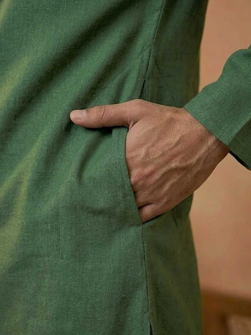 Men's Forest Green Linen-Blend Shirt-Collar Kurta