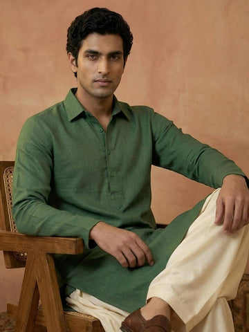 Men's Forest Green Linen-Blend Shirt-Collar Kurta