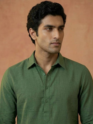Men's Forest Green Linen-Blend Shirt-Collar Kurta