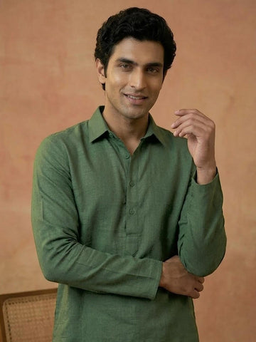 Men's Forest Green Linen-Blend Shirt-Collar Kurta