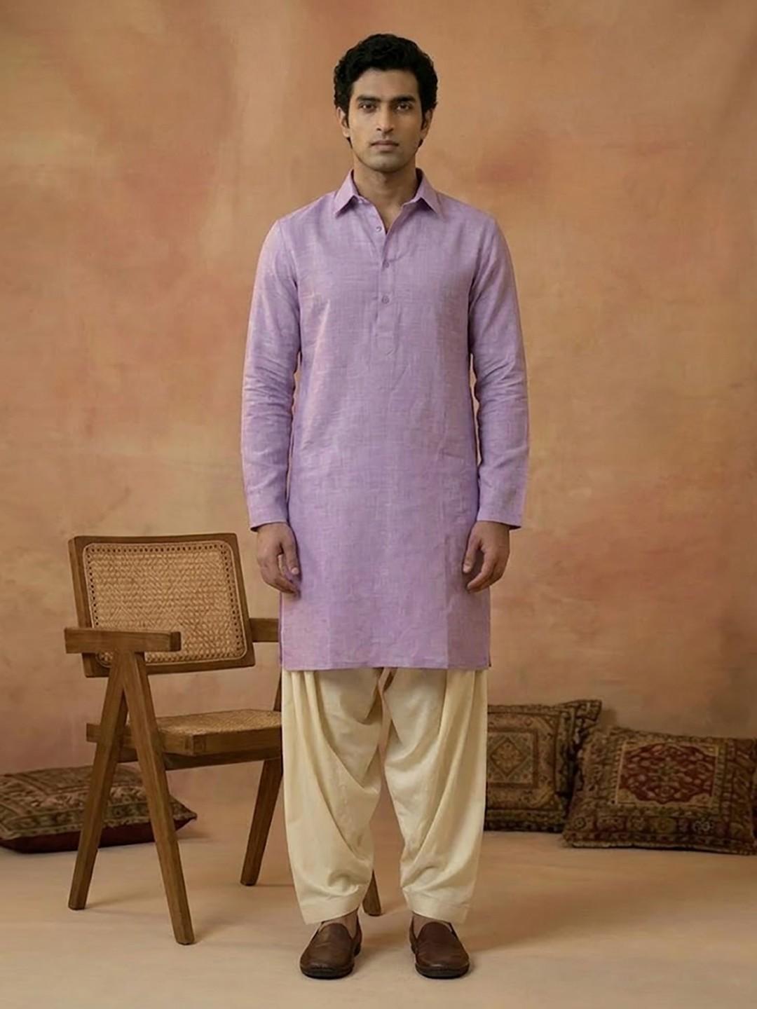 Men's Lavender Linen Shirt-Collar Kurta