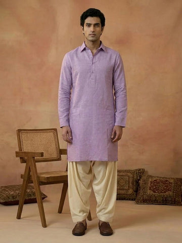 Men's Lavender Linen Shirt-Collar Kurta