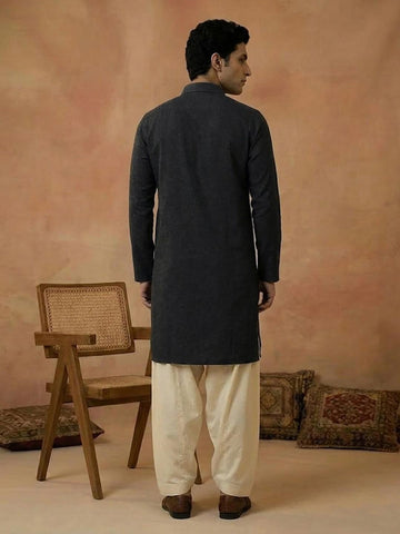 Men's Charcoal Grey Shirt-Collar Cotton Kurta