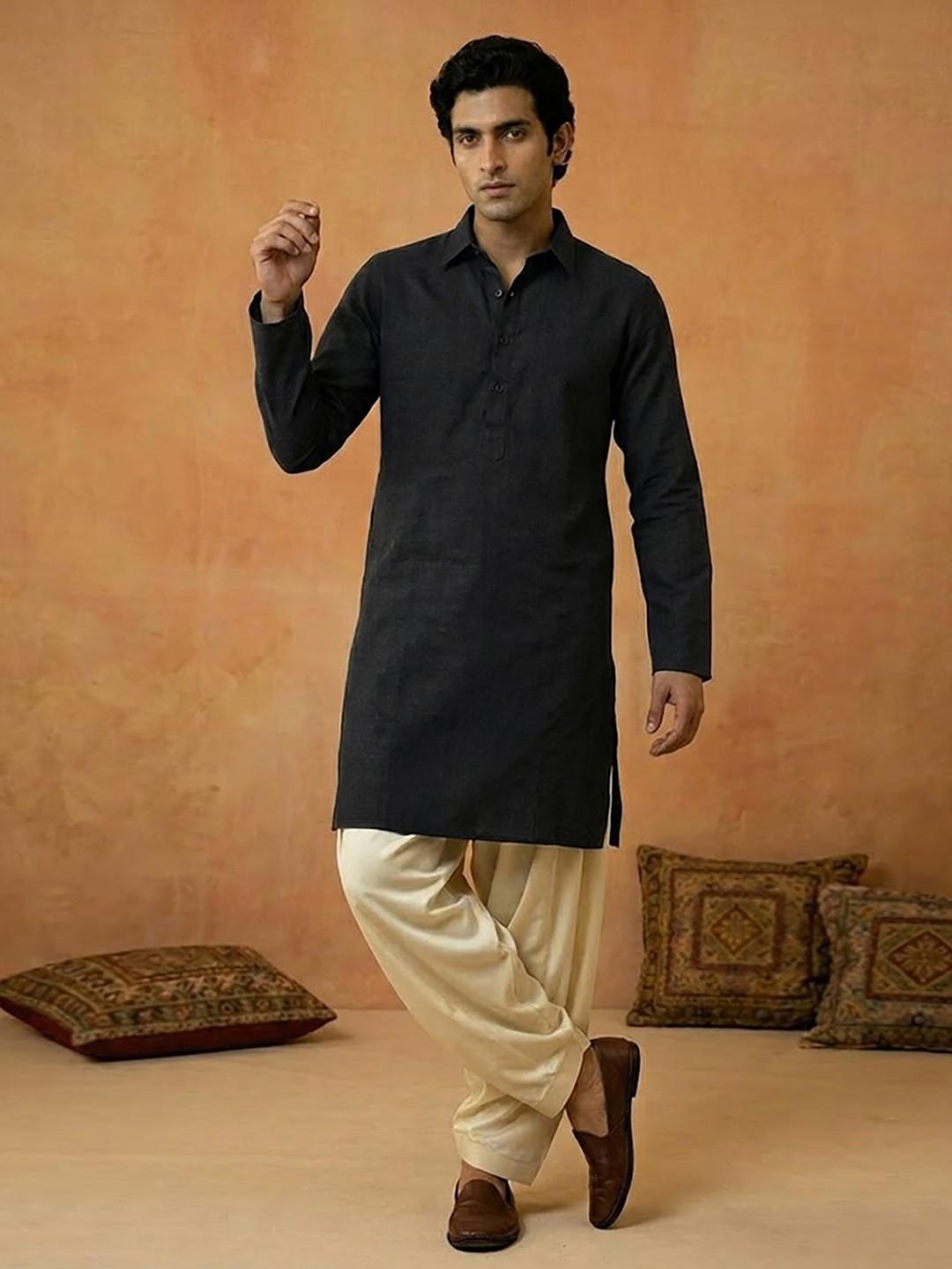 Men's Charcoal Grey Shirt-Collar Cotton Kurta