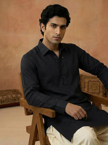 Men's Charcoal Grey Shirt-Collar Cotton Kurta