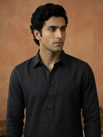 Men's Charcoal Grey Shirt-Collar Cotton Kurta