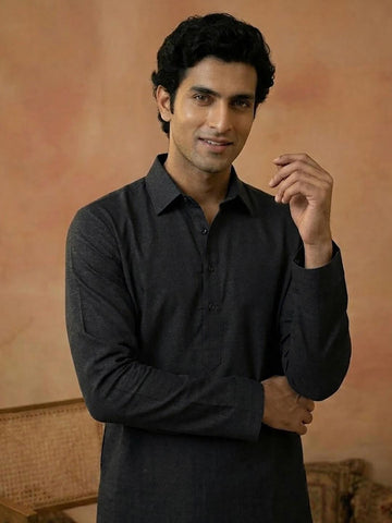 Men's Charcoal Grey Shirt-Collar Cotton Kurta