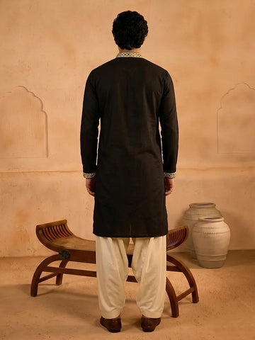 Midnight Black Men's Kurta with Embroidered Placket