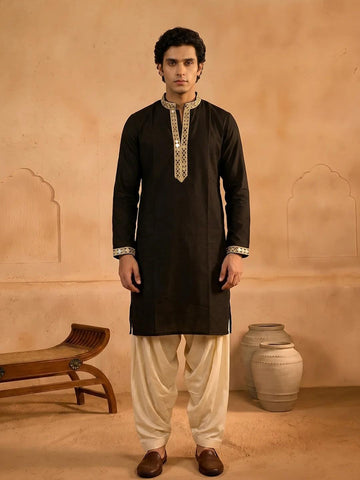 Midnight Black Men's Kurta with Embroidered Placket