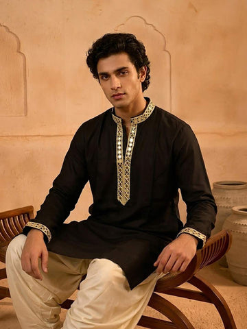 Midnight Black Men's Kurta with Embroidered Placket