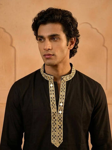 Midnight Black Men's Kurta with Embroidered Placket