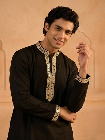 Midnight Black Men's Kurta with Embroidered Placket