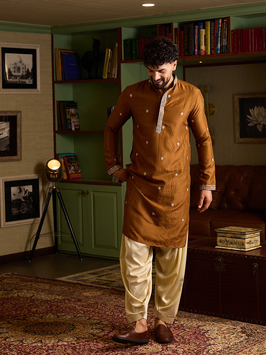 Men's Rust Brown Embroidered Kurta & Cream Patiala Set