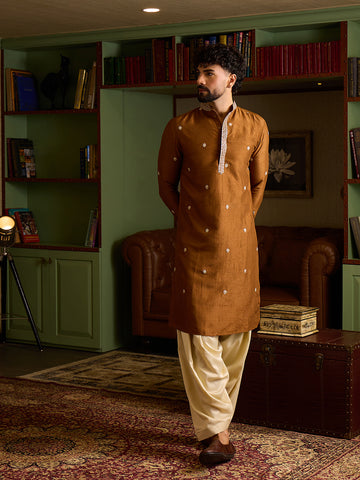 Men's Rust Brown Embroidered Kurta & Cream Patiala Set