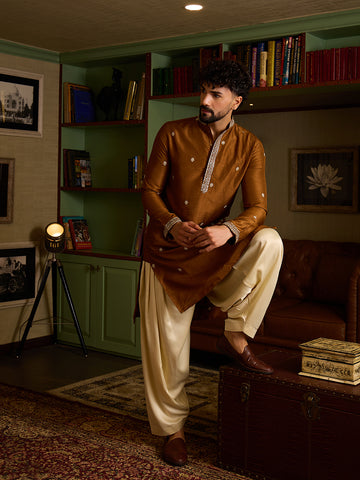 Men's Rust Brown Embroidered Kurta & Cream Patiala Set