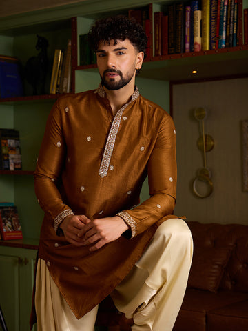 Men's Rust Brown Embroidered Kurta & Cream Patiala Set