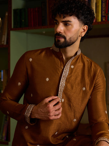 Men's Rust Brown Embroidered Kurta & Cream Patiala Set