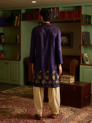 Men's Deep Purple Polka Dot Kurta & Cream Patiala Set