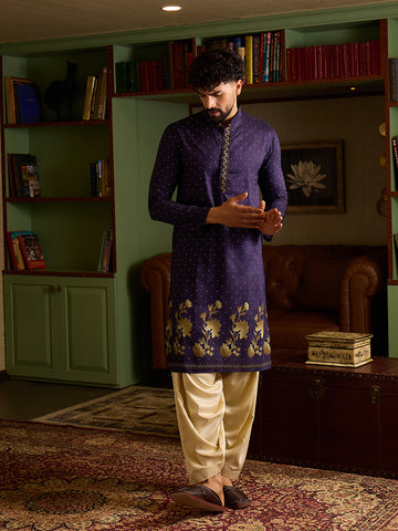 Men's Deep Purple Polka Dot Kurta & Cream Patiala Set