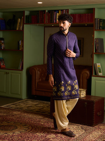Men's Deep Purple Polka Dot Kurta & Cream Patiala Set