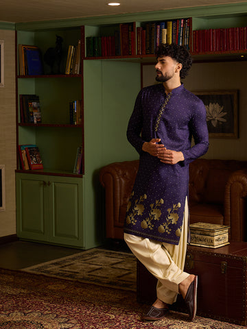 Men's Deep Purple Polka Dot Kurta & Cream Patiala Set