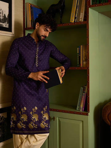 Men's Deep Purple Polka Dot Kurta & Cream Patiala Set
