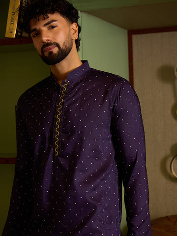 Men's Deep Purple Polka Dot Kurta & Cream Patiala Set