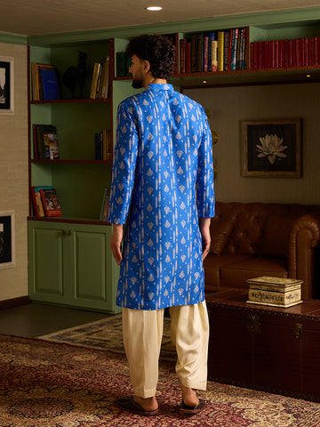 Royal Blue Ikkat Print Men's Kurta & Cream Patiala Set