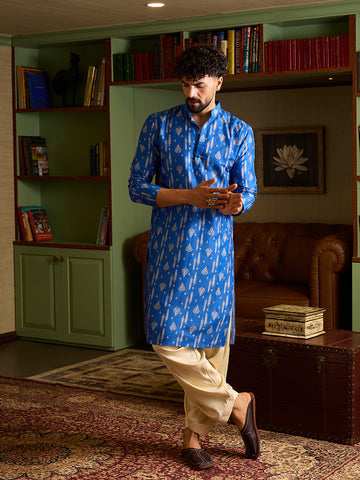 Royal Blue Ikkat Print Men's Kurta & Cream Patiala Set