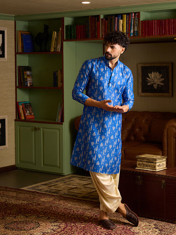 Royal Blue Ikkat Print Men's Kurta & Cream Patiala Set
