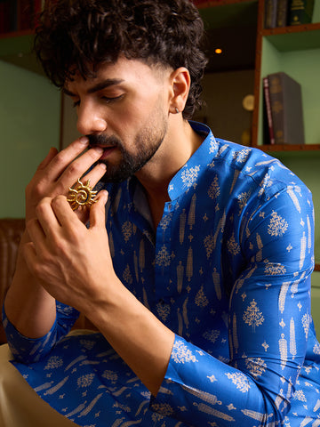 Royal Blue Ikkat Print Men's Kurta & Cream Patiala Set