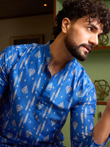 Royal Blue Ikkat Print Men's Kurta & Cream Patiala Set