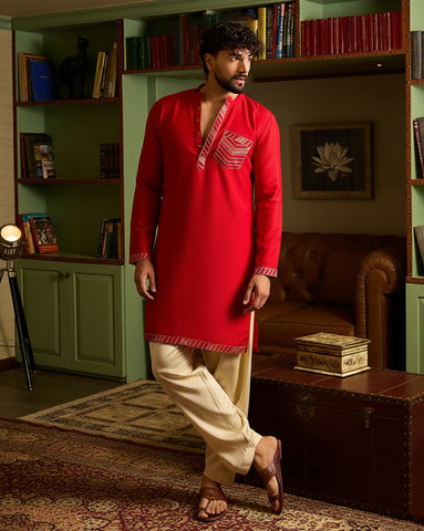 Men's Crimson Red Kurta & Patiala Salwar Set with Geometric Embroidery