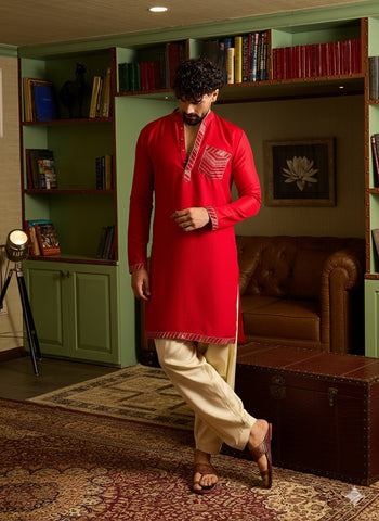 Men's Crimson Red Kurta & Patiala Salwar Set with Geometric Embroidery