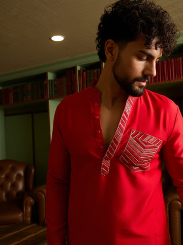 Men's Crimson Red Kurta & Patiala Salwar Set with Geometric Embroidery