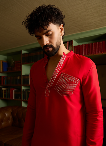 Men's Crimson Red Kurta & Patiala Salwar Set with Geometric Embroidery