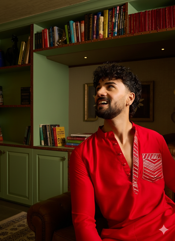 Men's Crimson Red Kurta & Patiala Salwar Set with Geometric Embroidery