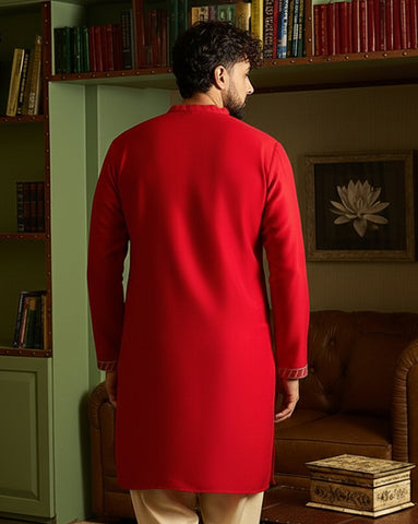 Men's Crimson Red Kurta & Patiala Salwar Set with Geometric Embroidery