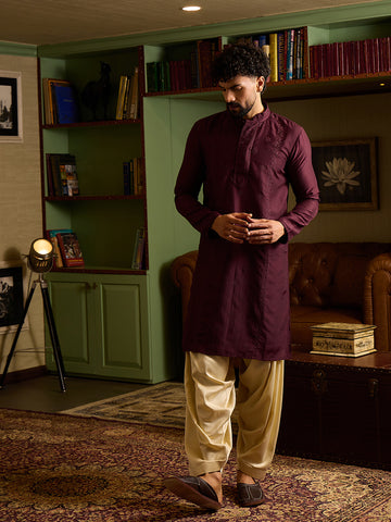 Men's Maroon Embroidered Kurta & Cream Patiala Salwar Set