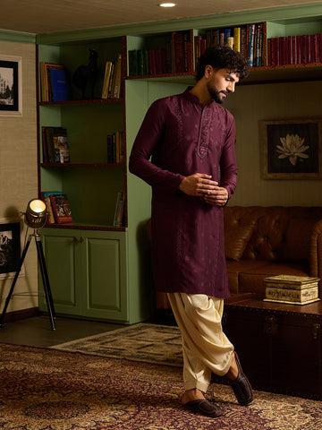 Men's Maroon Embroidered Kurta & Cream Patiala Salwar Set