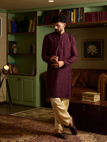 Men's Maroon Embroidered Kurta & Cream Patiala Salwar Set