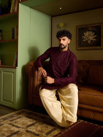 Men's Maroon Embroidered Kurta & Cream Patiala Salwar Set