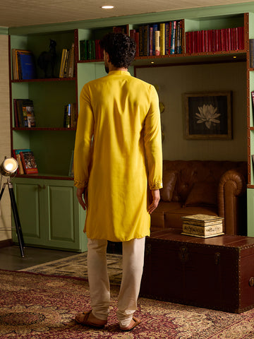 Men's Mustard Yellow Embroidered Kurta & Off-White Pant Set