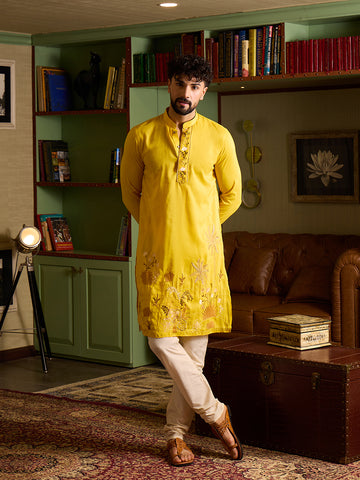 Men's Mustard Yellow Embroidered Kurta & Off-White Pant Set