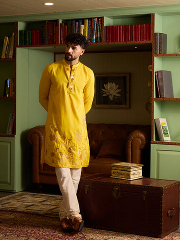 Men's Mustard Yellow Embroidered Kurta & Off-White Pant Set