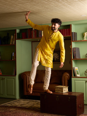 Men's Mustard Yellow Embroidered Kurta & Off-White Pant Set
