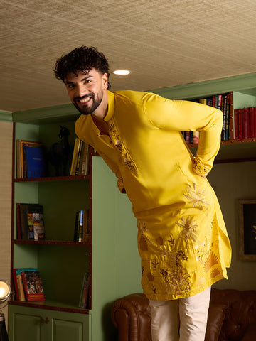 Men's Mustard Yellow Embroidered Kurta & Off-White Pant Set