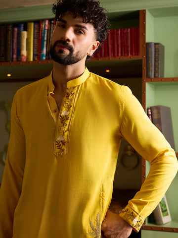 Men's Mustard Yellow Embroidered Kurta & Off-White Pant Set